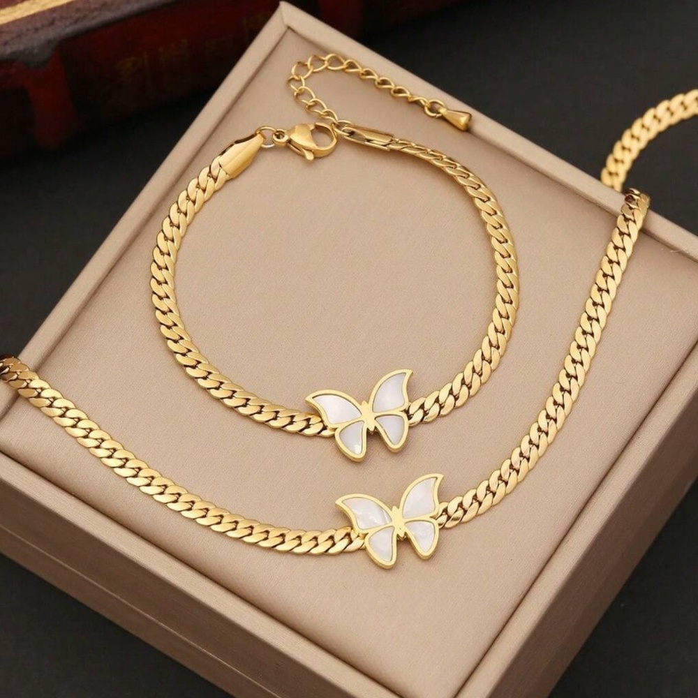Luxe Gold Tone Titanium Steel Butterfly Cuban Necklace Bracelet Set
